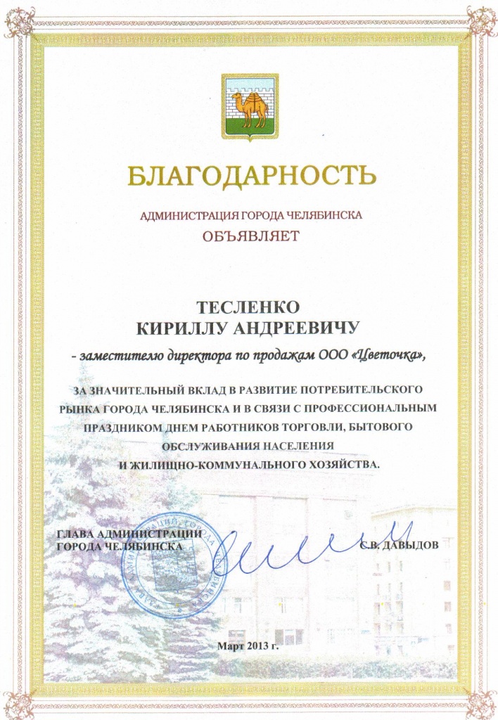 Благодарность главы администрации города, ЦВЕточка Благодарность главы администрации города, ЦВЕточка